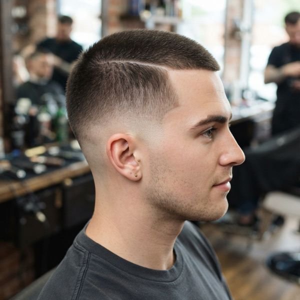 Buzz Cut with Hard Part and Low Taper Fade