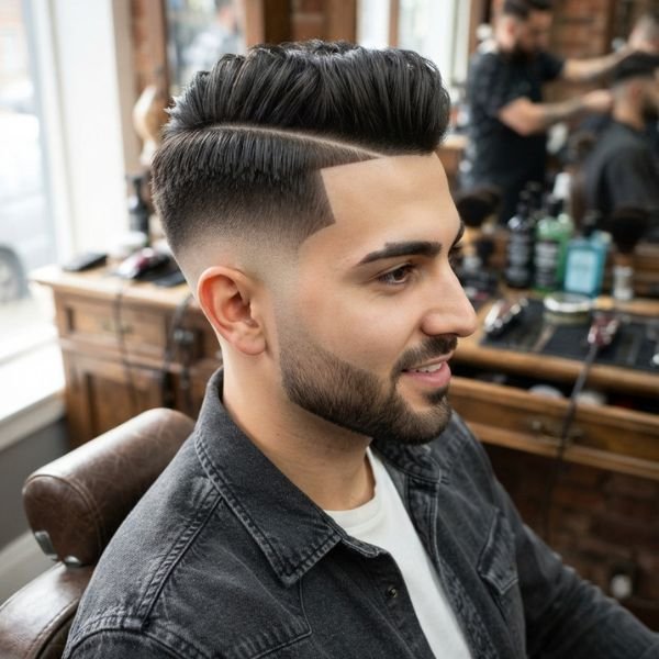 Low Taper Fade Side Part with Hard Part