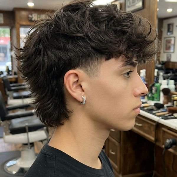 Curly Low Taper Fade Modern Mullet Haircut