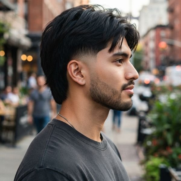 Straight Hair Low Taper Fade Modern Mullet Haircut