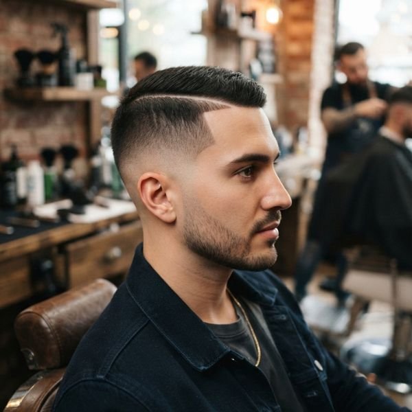 Buzz Cut with Hard Part and Low Taper Fade