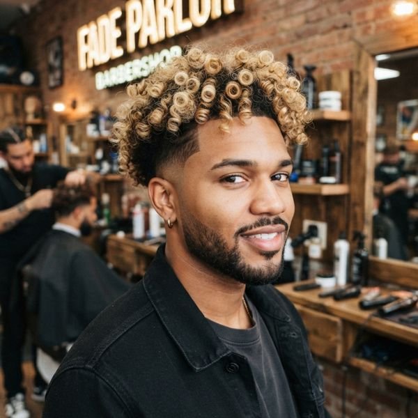 Curly Burst Fade with Blonde Curls