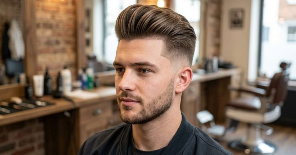 Straight Smooth Quiff with Mid Skin Fade