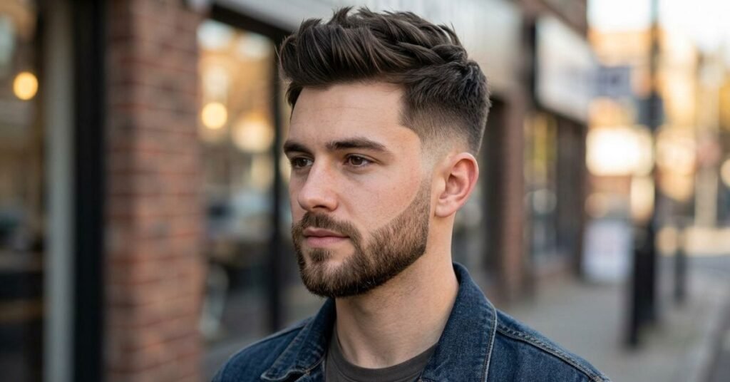 Youthful Short Quiff with Drop Fade and Beard